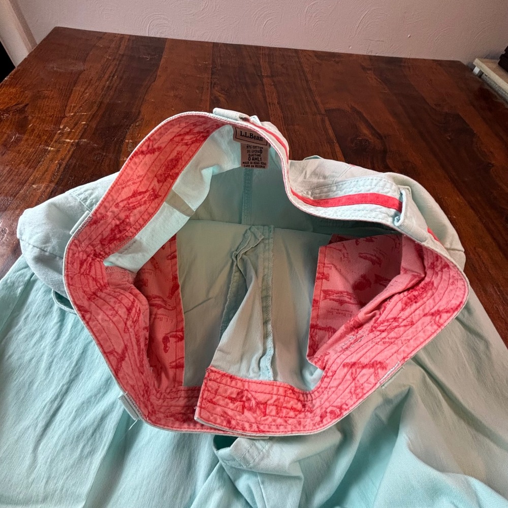 LL Bean Vintage Women Aqua Blue Chino Pants Coral Trim Button Hem Size 8 Reg - Picture 9 of 10
